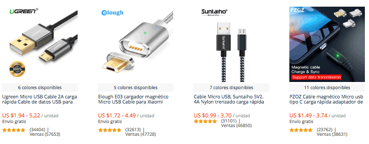 cable micro USB en AliExpress
